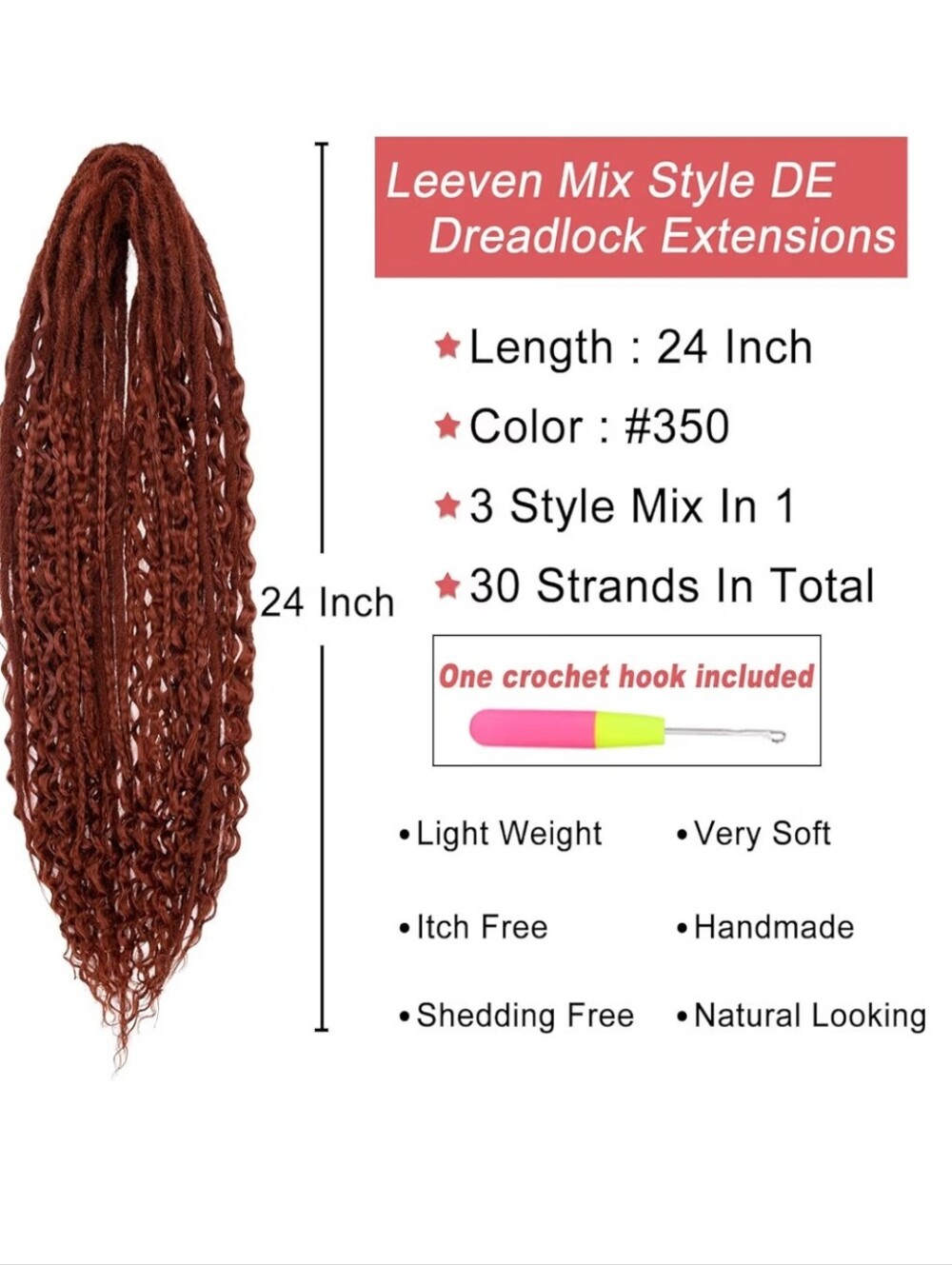 Leeven | 30 Strands Double Ended Dreadlock Extensions 24" Synthetic Boho Copper - Picture 2 of 7